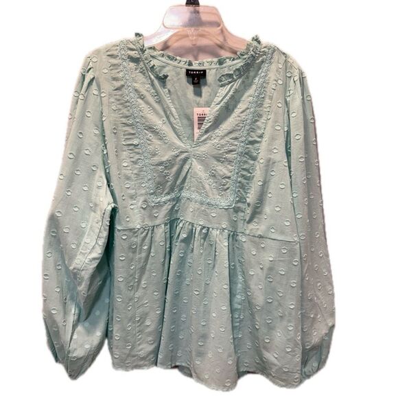 NWT Torrid Light Blue Eyelet Clip Dot Long Sleeve Cotton Top Blouse 2X - Picture 4 of 8